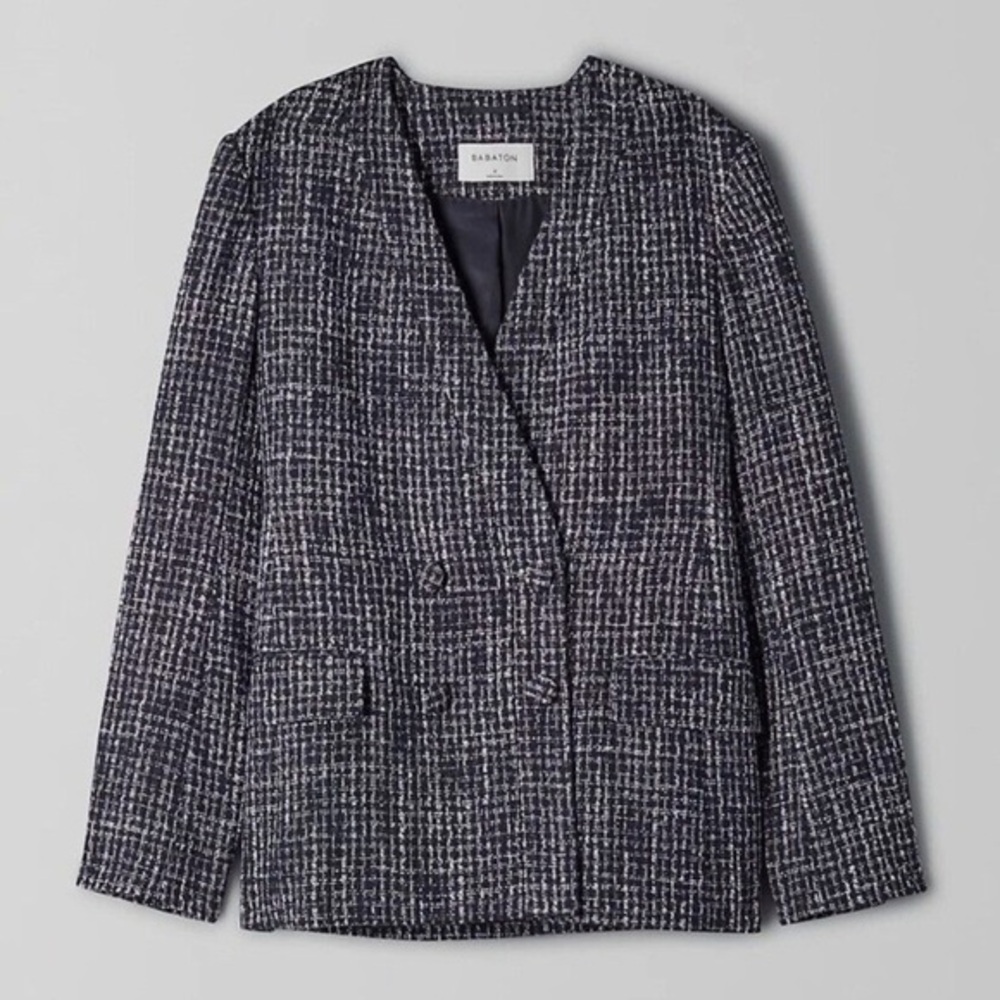 Aritzia Babaton Kilburn Navy Tweed double buttoned blazer jacket size 4